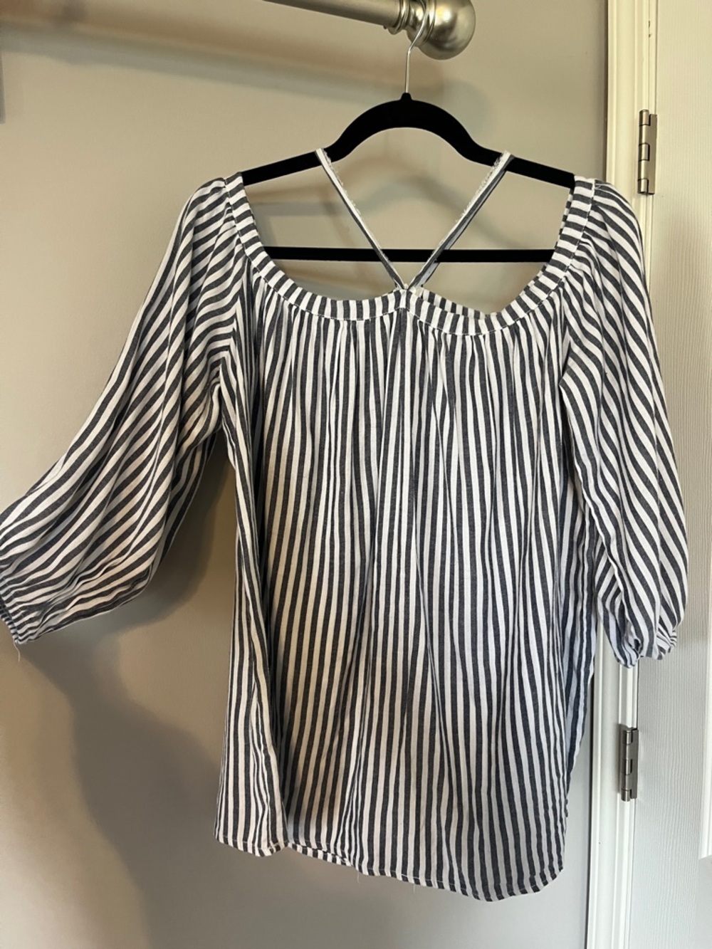 Striped Off-Shoulder Top in White and Dark Blue